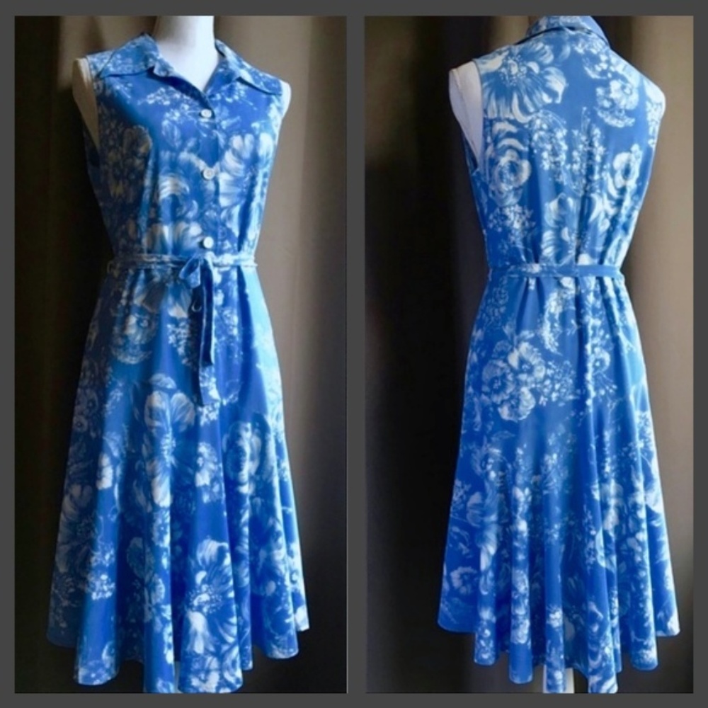 Vintage Blue & White Floral Midi Shirtdress
